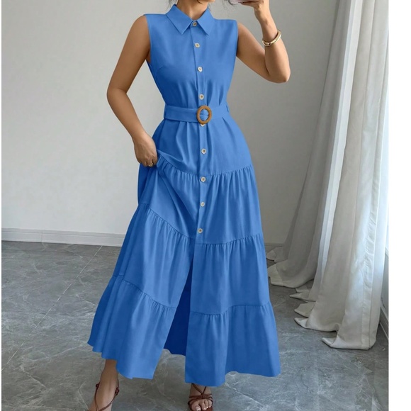 Solid Button Down Belted High Waisted Sleeveless Maxi Dress - Picture 8 of 8